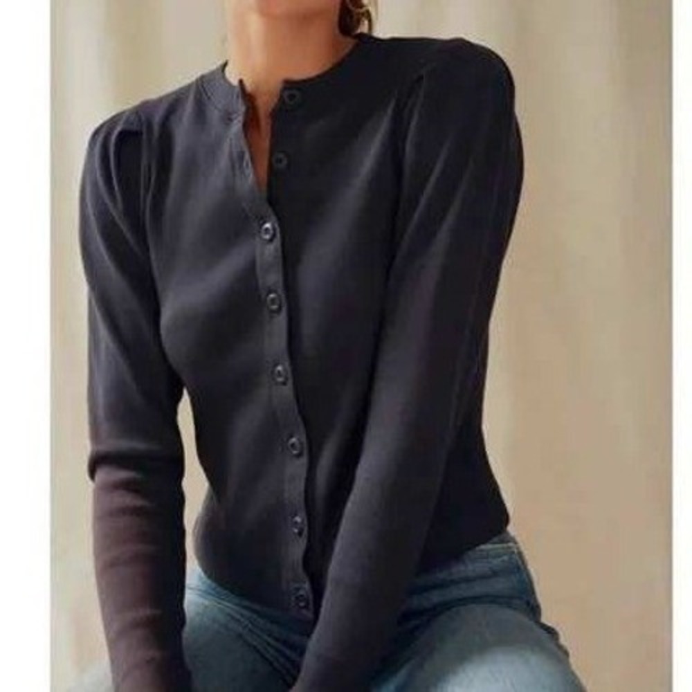 AMO Black Puff Sleeve Ribbed Cardigan Women's Large 100%‎ Cotton Button Front